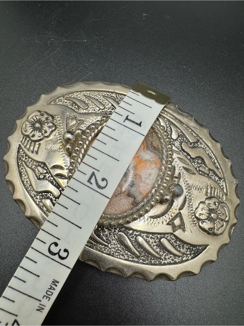Ornate Oval Western Belt Buckle with Agate Stone